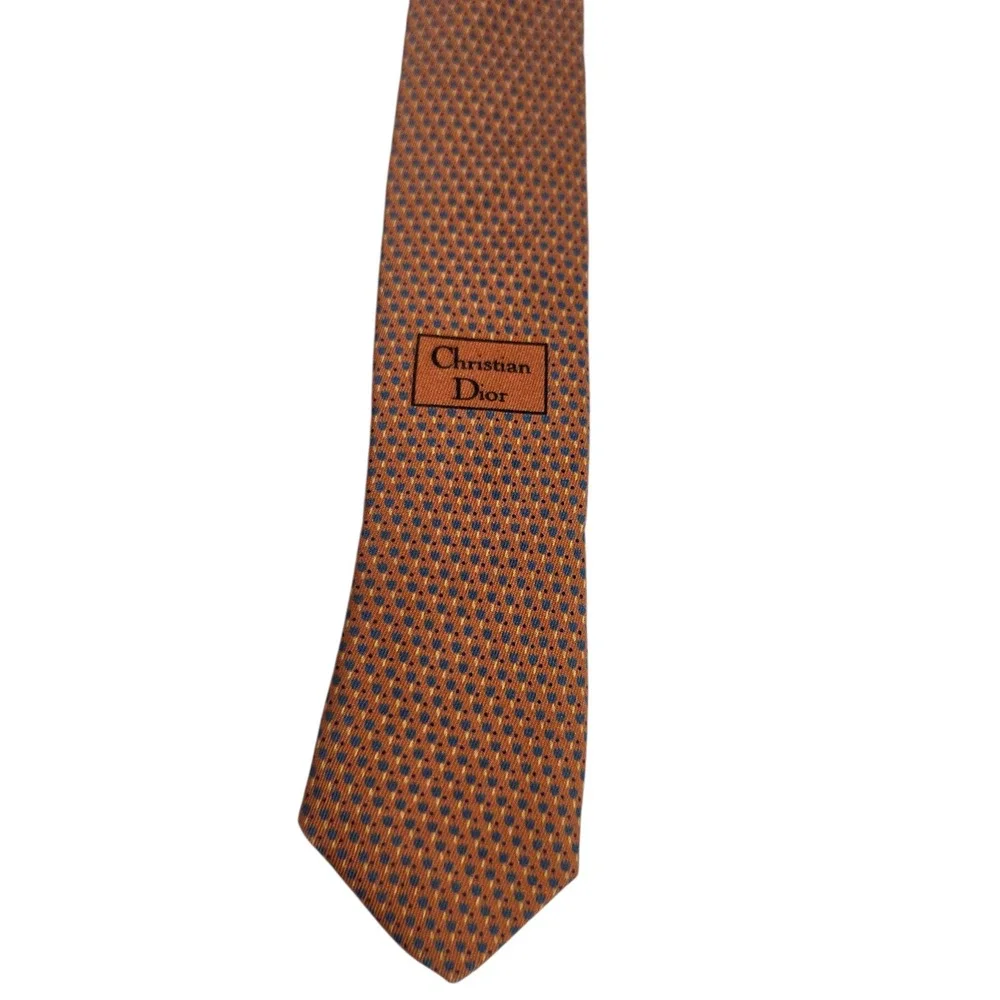 Christian Dior Men Necktie Orange Micro Dot Silk Handmade Floral Designer Formal